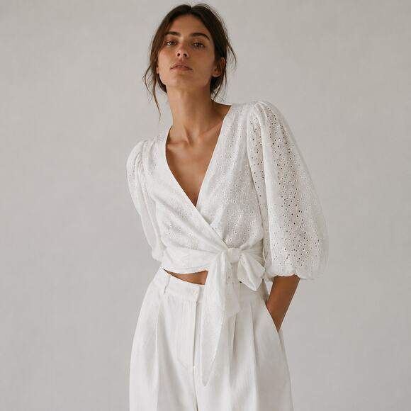 l*space Tops - L*Space Anthropologie Amalfi White Eyelet Lace Blousson Sleeve Blouse Top Womens